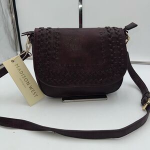 Madison West Faux Wine Leather Woven Flap Crossbody Bag